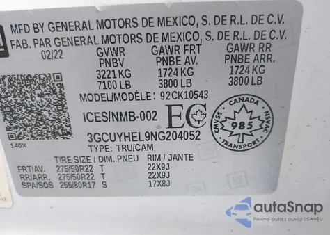 2022 Chevrolet Silverado 1500 Ltd High Country из США, поврежденный, VIN 3GCUYHEL9NG204052